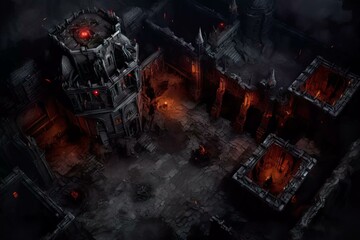 DnD Battlemap Dark Castle in a Demonic Realm - A sinister castle under a blood-red sky.