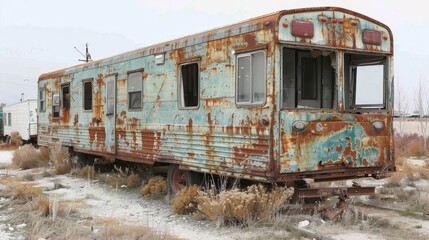 Obraz premium An old, rusted, and run down trailer with a faded orange sign on the side