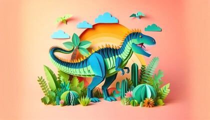 Papercraft dinosaur scene with T-Rex, rainbows, planets, and tropical plants