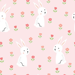 Adorable Bunnies and Pink Flowers Seamless Pattern Perfect for Spring Designs