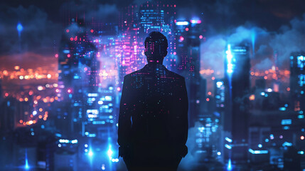 Businessman with smartphone, overlaid with cityscape and technology icons