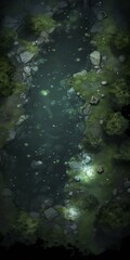 DnD Battlemap Starlit Forest Pond: Tranquil water with forest reflections at night.