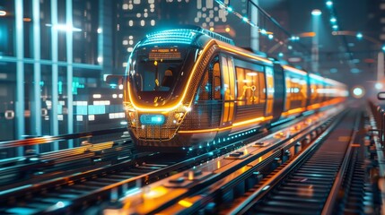 A train is traveling down a track in a city at night
