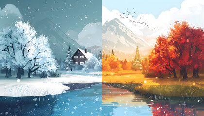An abstract illustration of a beautiful landscape split in half, one side illustrating summer, the other side illustrating winter
