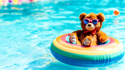 A cute teddy bear wearing sun glasses, sitting on an inflatable rainbow ring in the swimming pool at a summer vacation camp. A colorful rubber swim tube for children to float