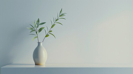 Simple and elegant visual created by a minimalistic setup and minimalistic background of a vase with a plant on a shelf.