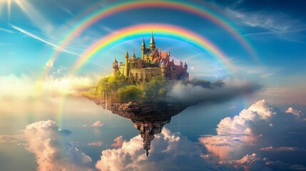 Fantasy floating castle island with double rainbow in a magical, dreamy sky, surrounded by clouds and vibrant light.