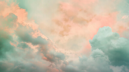 Background of Renaissance Clouds Painting: Pastel Mint Green & Peach, Mid-Morning Soft Dreamy Light