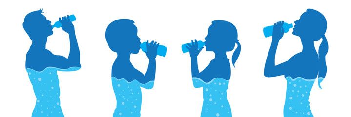 Man, women, boy, girl, drinking water from bottle flow into body. hydration silhouette Illustration. Healthy level water in body