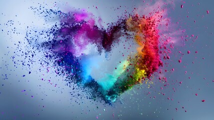 Colorful powder heart explosion on grey background