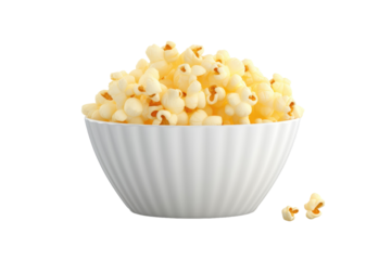 Popcorn Paradise: A White Bowl Overflowing With Crunchy Goodness on a Clean Table on Transparent PNG Background.