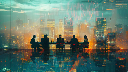 Corporate team in a conference room, discussing financial reports with cityscape overlay