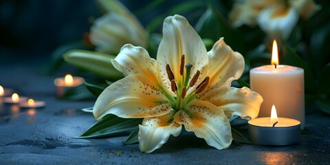 Elegant lily and flickering candle on dark backdrop suitable for mournful occasions. Concept Dark Backdrop, Sympathetic Elegance, Flickering Candle, Lily Tribute, Mourning Arrangement