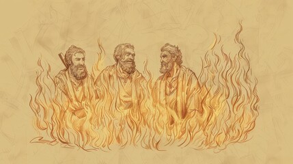 Unharmed Shadrach, Meshach, and Abednego in Fiery Furnace - Biblical Watercolor Art