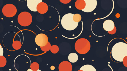 Abstract geometric pattern featuring red, orange, and cream circles and arcs on a dark blue background.