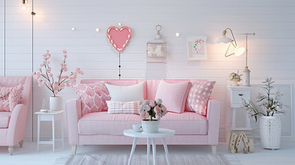 Valentine's Day home decor and a pink sofa can be found in the interior space. Interior of a white living room.