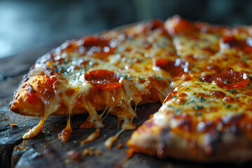 Pizza with salami and mozzarella cheese on wooden background
