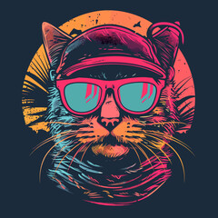 Cute cat wearing motorcycle helmet and glasses. Vector illustration for t-shirt print