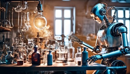 A robotic figure operates in a vintage-style laboratory, performing complex scientific experiments with precision.. AI Generation