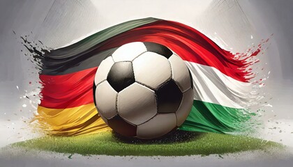 Fototapeta premium Germany and Hungary flag on white background with football in the middle,European Championship art design
