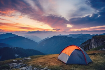 Serene Mountain Sunset with a Cozy Camping Tent