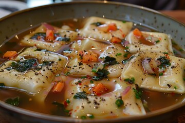 Maultaschen - Swabian ravioli filled with meat, spinach, and onions, served in broth