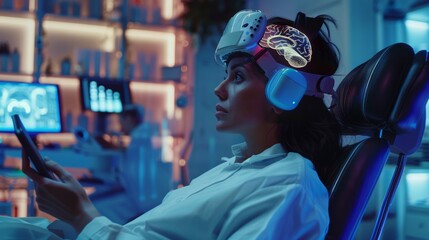 An image of a woman wearing a brain wave scanning headset sat in a chair while a scientist adjusted the device and used a tablet computer. A brain model and EEG reading are displayed on monitors in a - Powered by Adobe