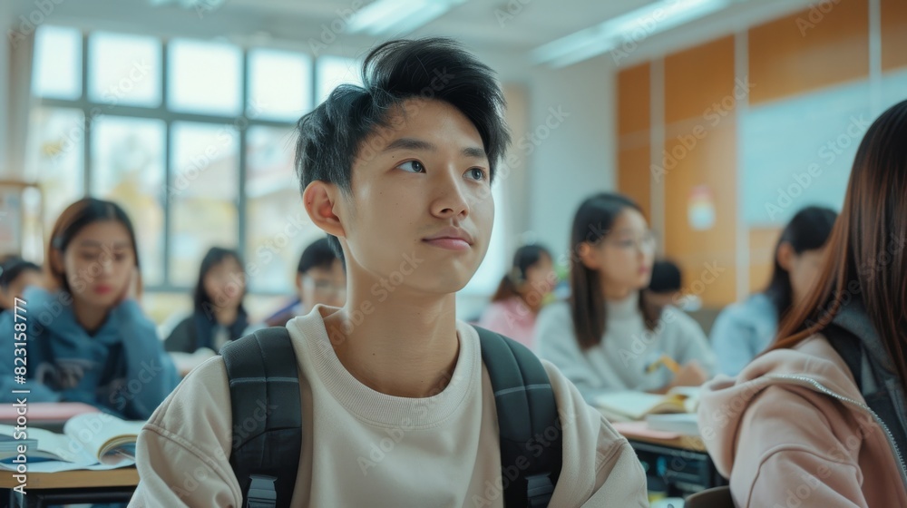Poster young asian man in the classroom attending a lecture while taking notes. young bright people taking 