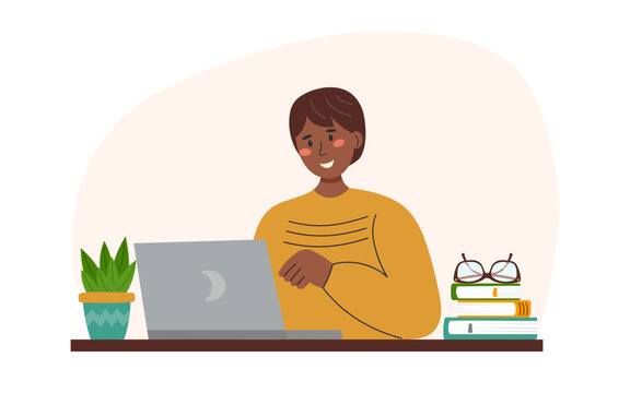 Man with laptop. Online education or online working concept. Hand drawn illustration in flat style.