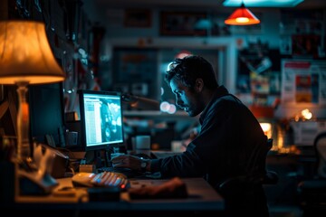 Obraz premium Man working late at a cluttered desk, illuminated by a desk lamp and computer screen, in a dimly lit room filled with posters and papers.