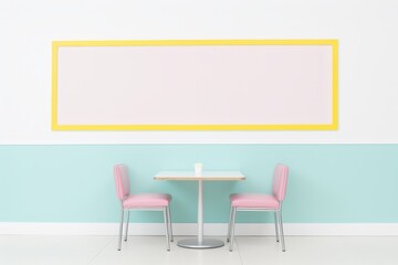 Minimalistic cafe interior with pastel-colored walls, two pink chairs, and a small table in a clean, modern setting.
