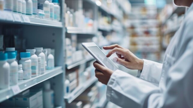 A pharmacist using a tablet to remotely access the AI system and manage inventory levels while away from the pharmacy.