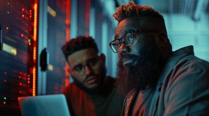 Fototapeta premium Black male engineer colleague and bearded IT technician with a laptop and glasses are talking in the data center while running diagnostics or doing maintenance.