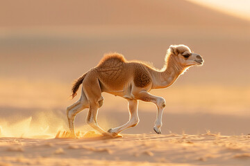 a beautiful picture depicting a camel baby running like a wao in a serene desert, combination of innocence and agility