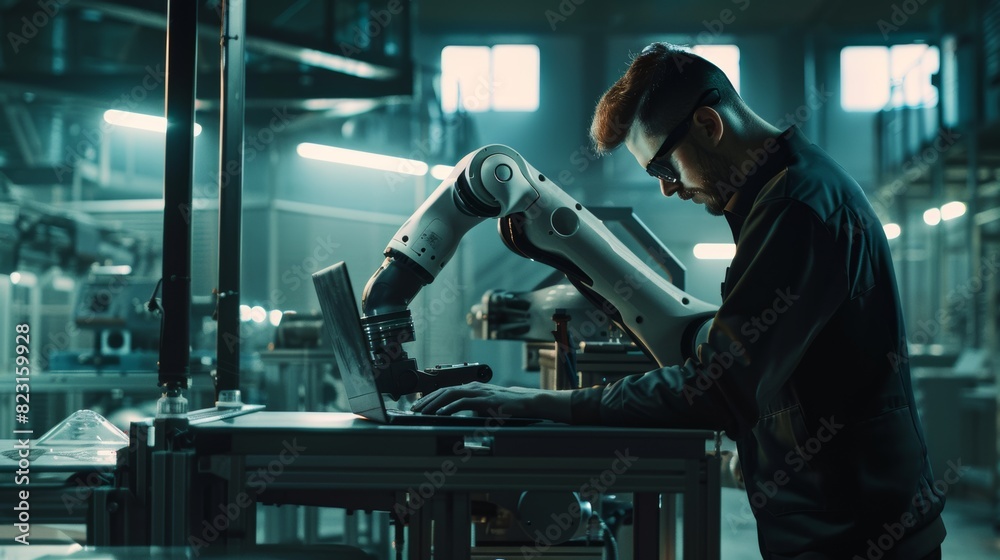 Poster automation engineer uses laptop to program robotic arm. the era of automatic manufacturing is upon u - Posters