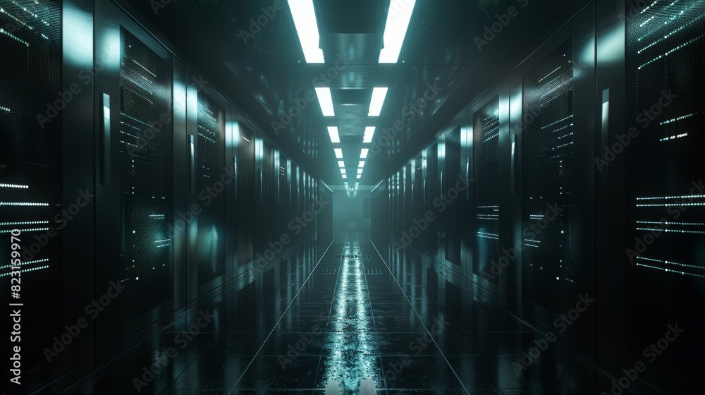 Poster the dark modern data center consists of rows of operating server racks. the picture shows modern hi-