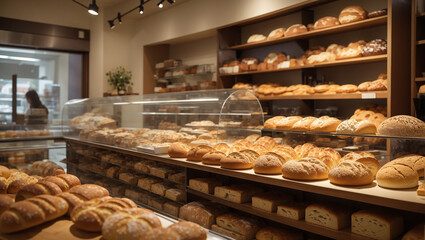 The image is of a bakery. There are many loaves of bread on shelves and a counter.

