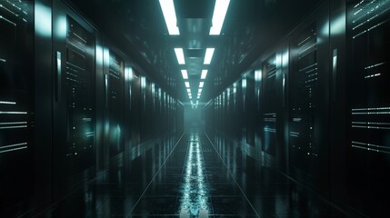Fototapeta premium The dark modern data center consists of rows of operating server racks. The picture shows modern hi-tech concepts such as cloud computing, artificial intelligence, supercomputers, and cybersecurity.