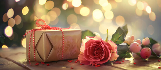 Happy Father's Day scene with a rose and a gift box on a beautiful background, high resolution image. 32k, full ultra HD, high resolution.