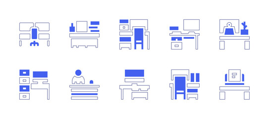 Desk icon set. Duotone style line stroke and bold. Vector illustration. Containing teacher desk, reception, studio, work table, workplace, workspace.