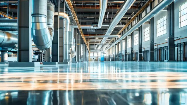 A wide shot of an empty factory hall with industrial air flow pipes and modern equipment