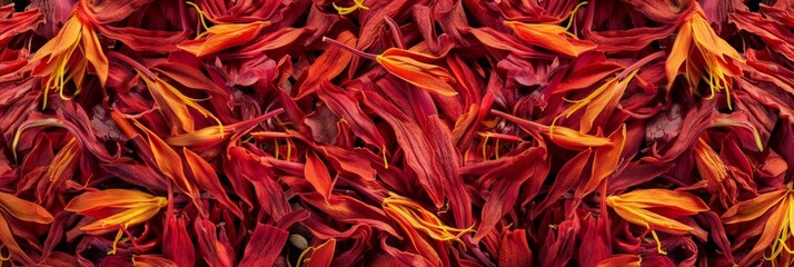 Fototapeta premium Saffron texture background, crocus sativus flowers pattern, dry herbal petals banner, aromatic herbs