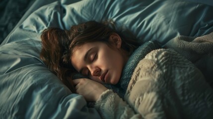 Beautiful Young Brunette Sleeping in Her Bed in the Early Hours of the Morning. Sweet and Warm View of Girl Sleeping Calmly. Top Down Shot.