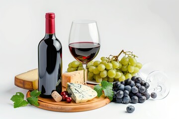 Wine platter isolated on white background. A bottle of red wine with glass of red wine. Cheese board, grapes, snacks. Tasting dish on a wooden plate. Appetizer. Still life. Food background.