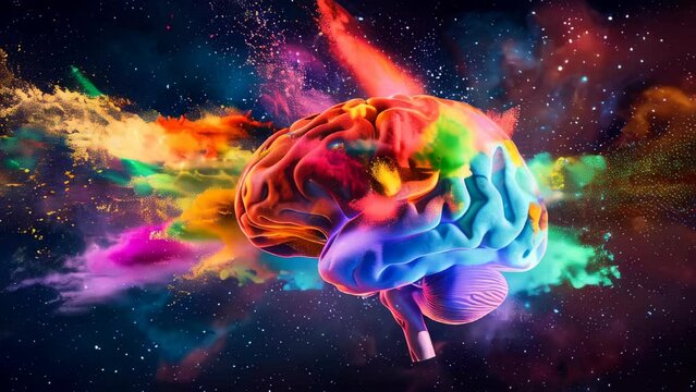 A colorful human brain with exploding color dust against a dark background. Brilliant ideas concept animation.