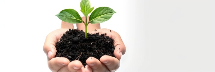 Plant in hands, young sprout, new plant growing in soil, organic farming, environment care, earth day