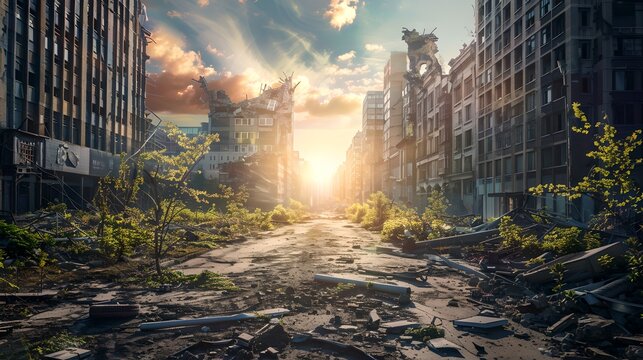 Post-apocalyptic cityscape at sunset. Abandoned buildings and overgrown streets. A world after disaster beautifully rendered by AI. Perfect for storytelling and concept art. AI