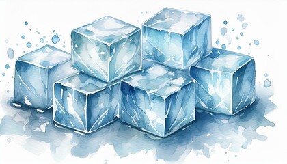 Watercolor isolated illustrations of ice cubes