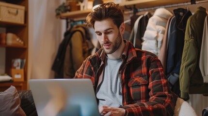 A handsome young man browses through an online clothing retailer's website as he sits at his house using a laptop.