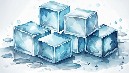 Watercolor isolated illustrations of ice cubes